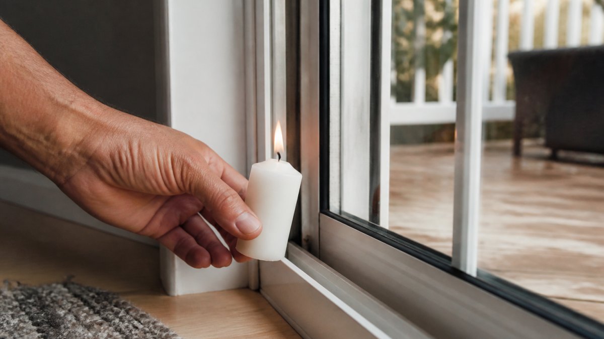 Close-up of a homeowner's hand holding a lit candle near a sliding glass door frame to detect air leakage and drafts around the weatherstripping