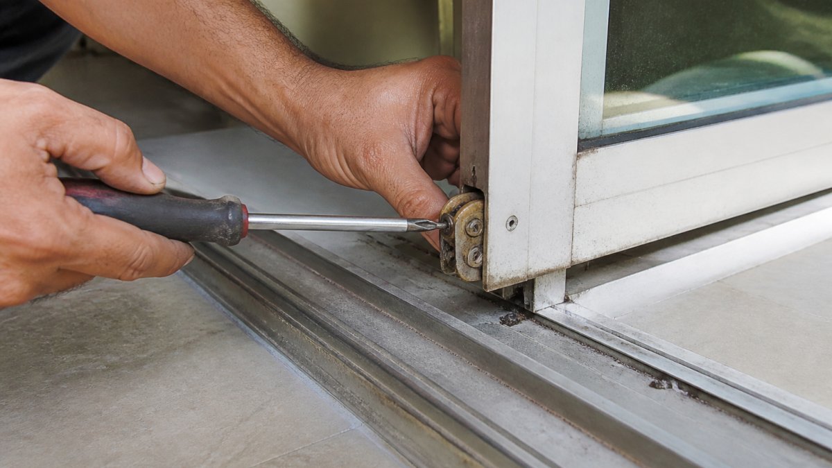 Close-up of a technician's hands using a screwdriver to remove a worn roller from the bottom of a sliding glass door track in a bright home